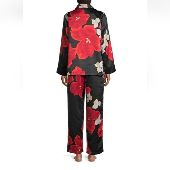 Natori Ginza Floral Print Pajama Set Silky Soft Comfy Sleepwear Black Red Size L - Picture 2 of 16